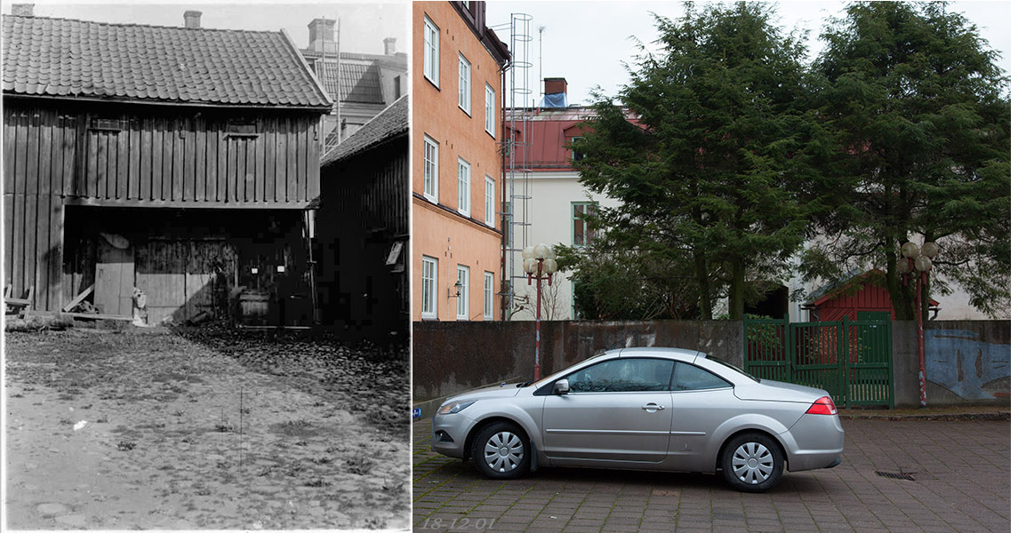 Parti av innergården Kronogatan 7 omkring 1920 och idag 2018.
