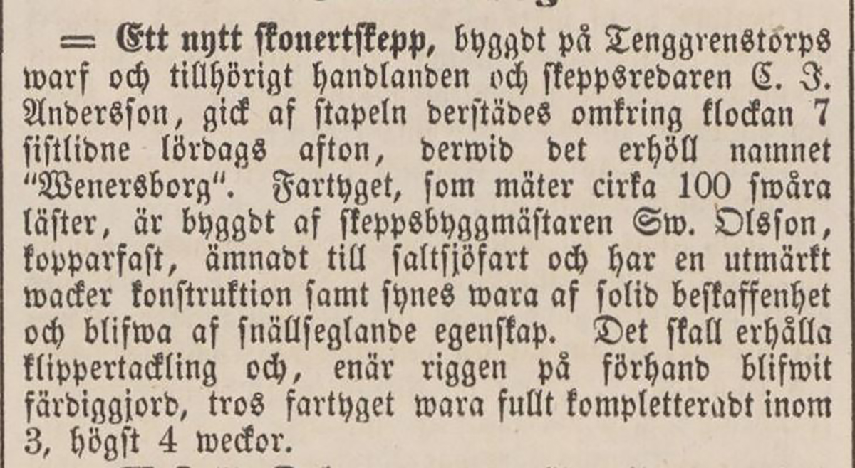 Notis i Tidning för Wenersborgs stad och län 1860-07-09 angående skonertskeppet ”Wenersborg”.