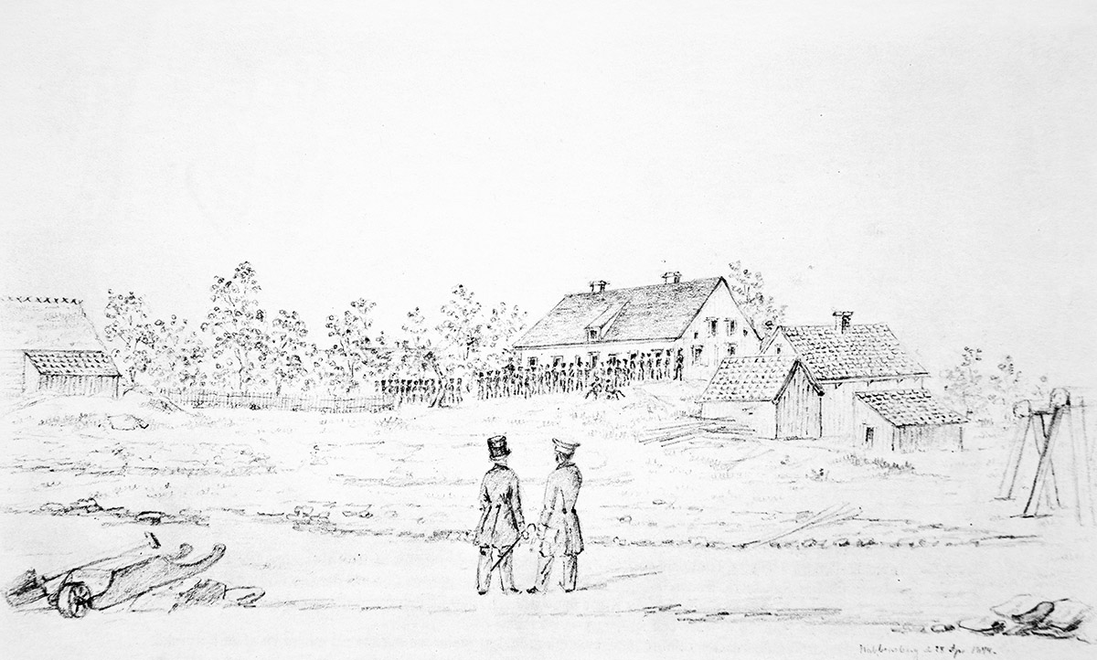 Nabbensberg den 28 april 1844. Teckning utförd av F. A. Zettergren (Vänersborgs museum)