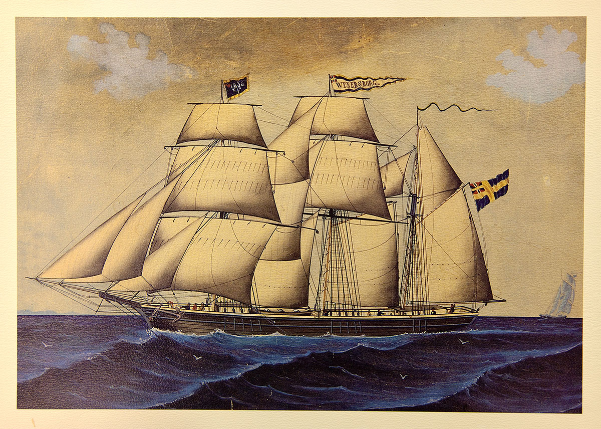 Kaptensmålning av Skonertskeppet Wenersborg reg:nr 1123, byggd på Tenggrenstorps varv 1860. Gick i utrikes fart. Gjorde resan Hartlepool – Göteborg på den korta tiden av 63 timmar vid ett tillfälle. Slopades 1897 och höggs upp vid Sjötorp 1907.